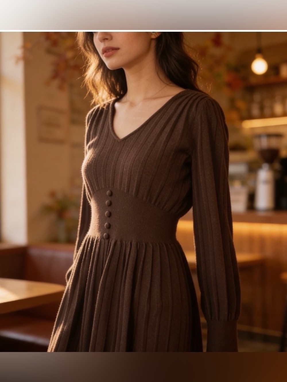 Kensie Brown Ribbed V‑Neck Long Sleeve Knit Dress